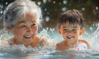 Playful Grandmother and Grandson Enjoying Water Play, Laughing and Bonding in Poolside Fun photo