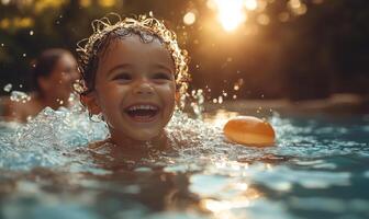 Laughing Boy Playing and Splashing in Pool with Floating Toys, Family Fun and Summer Joy photo