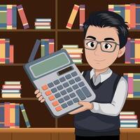 Portrait of cartoon positive accountant in glasses with huge calculator in hands against background of shelves with books, flat style, isolated on white vector