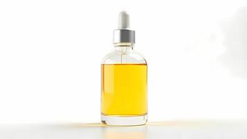 Glass transparent dropper bottle with yellow face serum without label. Mockup for cosmetic product on white background front view photo