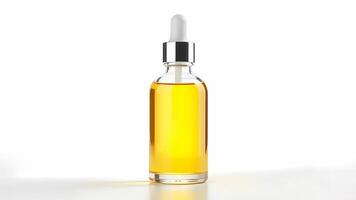 Dropper bottle with yellow liquid or serum or oil for skin care without label. Cosmetic product mockup or packaging on white background front view photo