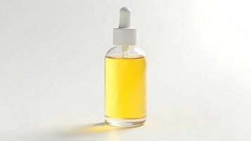 Transparent dropper bottle with yellow serum or oil for face or body or hair without label. Cosmetic product mockup on white background front view photo