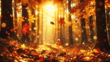 Golden Autumn Forest with Sunlight and Falling Leaves photo