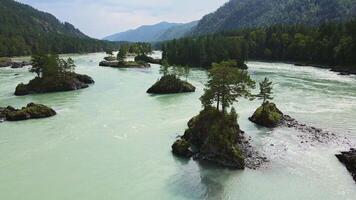 Drone view of the turquoise mountain river with islands video