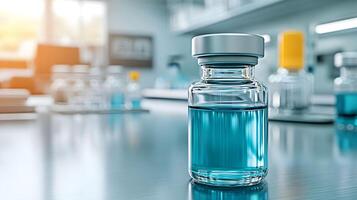 Glass vial containing blue liquid placed on a laboratory countertop during daylight with other laboratory equipment in the background photo