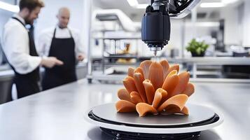 Innovative culinary creation using robotic technology in a modern kitchen. Three-dimensional food printing. photo