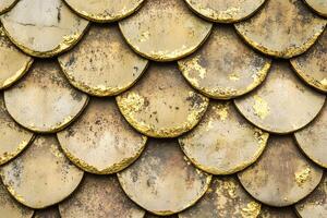 Textured golden and gray scales create an artistic facade in an intricate design, showcasing craftsmanship and attention to detail during daylight hours photo