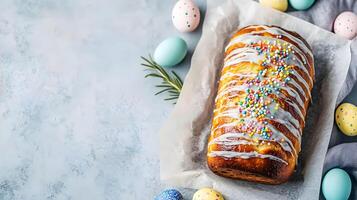 Colorful Easter bread with icing and sprinkles placed on a light background surrounded by pastel eggs and decorative elements photo