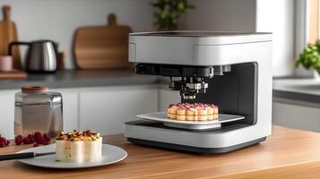 Innovative dessert preparation using a modern automated pastry machine in a stylish kitchen. Three dimensional food printing. photo