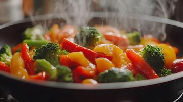 Vibrant vegetables being stir-fried in a hot pan with steam rising in a cozy kitchen during a sunny afternoon photo