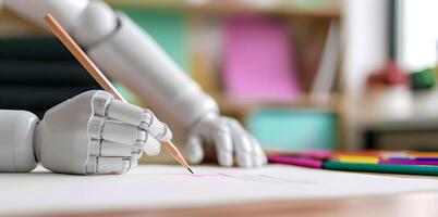 Robotic hand drawing on a sheet of paper in a modern workspace filled with colorful stationery photo