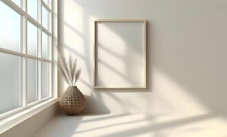 Natural light enhances serene indoor space with empty frame and decorative vase in minimalist interior design photo