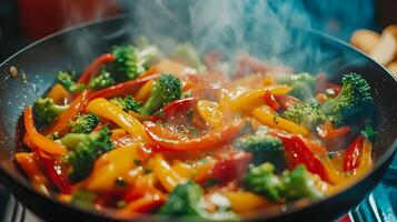 Colorful vegetables steaming in a skillet while being stir-fried in a kitchen photo