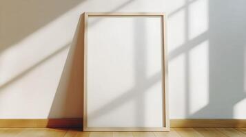 Blank frame stands against a sunlit wall casting shadows in a serene indoor setting, inviting creativity and artistic expression photo