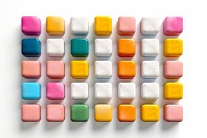 Collection of abstract colorful droplets or cubes. Glossy tablets isolated on white background. photo