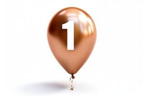 Brown beige balloon with white number one. Isolated on white background. Number one on balloon. photo