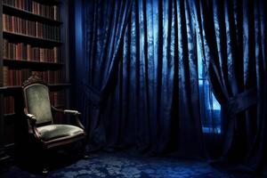 Close up of the cozy corner in the apartment with comfortable classic armchair. Blue curtains, bookshelves and blue carpet. photo