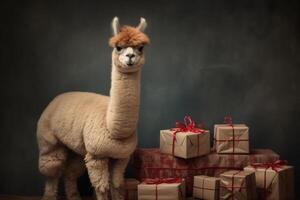Cute lama alpaca animal birthday celebration. Funny llama character staying near gift boxes. photo