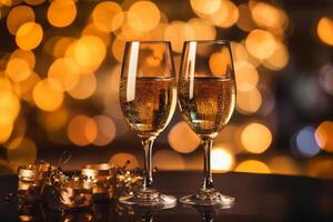 Two glasses with champagne on glitter background with lights of garland. Gold colors. photo