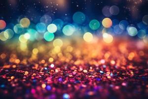 Colorful glitter bokeh lights background. photo