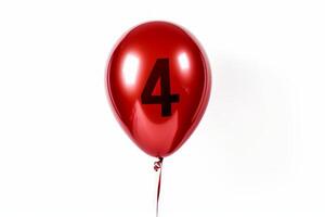 Red balloon with black number four. Isolated on white background. Number four on balloon. photo