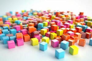 Abstract color square shape blocks. Render 3d cubes, plastic boxes isolated on white background. Icons of rainbow colored 3d cubes. photo