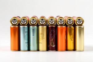 Different colors of batteries or accumulators color on white background, isolated on white background. photo