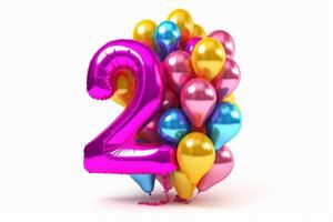 Elegant Greeting celebration two year birthday. Anniversary number 2 foil violet balloon and other balloons. Isolated on white background. photo