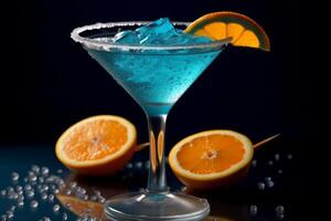Illustration of a blue cocktail with a slice of orange on the table. Suitable for menu design, food stickers, scrapbooking. photo