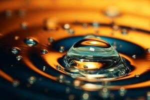 Blue Water drop falling, macro splash. Natural background. Orange and blue colors. photo