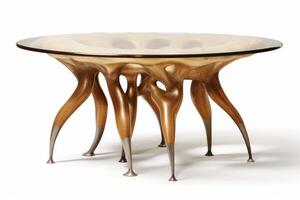 Stylish mazing wooden table with glass surface isolated on white background. photo