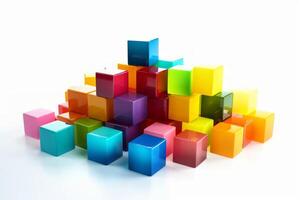 Colors of creativity. Cubes of colored blocks isolated on white, abstract. Color selection, color concept background. Arrangement or spectrum of colored wooden blocks. photo