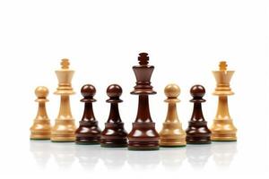 Set of dark brown and light brown wooden chess pieces isolated on white background. photo