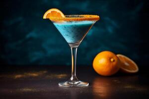 Illustration of a blue cocktail with a slice of orange on the table. Suitable for menu design, food stickers, scrapbooking photo