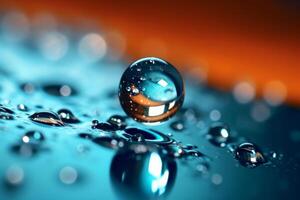 Blue Water drop falling, macro splash. Natural background. Orange and blue colors photo