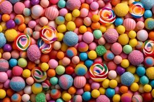 Colorful background of assorted shiny round gumballs. Background photo of multicolored gumballs. A lot of gum sweet candy.