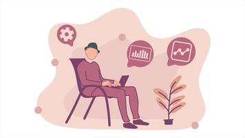 Animation of man is sitting in a chair and playing on a laptop, doing assignments and work. Loop playback on 4K footage. Flat design style video