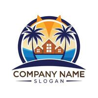 a house with palm trees and a beach in the background vector