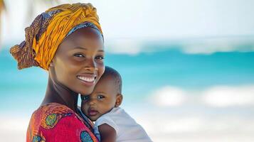 African mother with a child in her arms on the beach. Portrait photo of African mother wearing traditional clothes