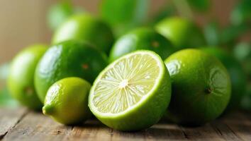 Fresh Limes Displayed on Wooden Table with Soft Bokeh Background photo