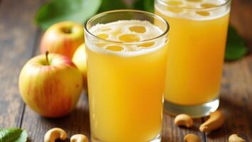 Organic Apple Fruit Juice in Glass on Wooden Table for a Fresh and Sweet Drink. photo