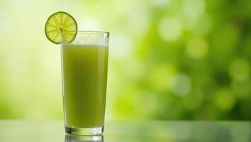 Glass of Fresh Lime Juice with Vibrant Green Background and Citrus Appeal photo