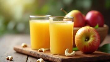 Rustic Glass of Apple Fruit Juice on Wooden Surface for a Refreshing Drink. photo