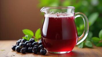 Delicious Blackcurrant Juice with Berries and Green Leaves in Outdoor Setting photo