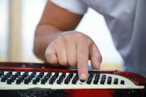 Man Testing All The Buttons Of His Accordion photo