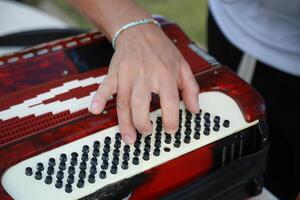 Man Testing All The Buttons Of His Accordion photo