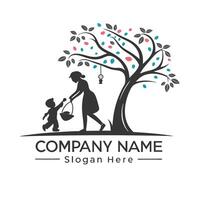 mother and child under the tree logo design vector