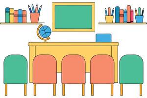 Classroom Setup Desk, Chairs, Books, Globe, Blackboard, Pencils vector