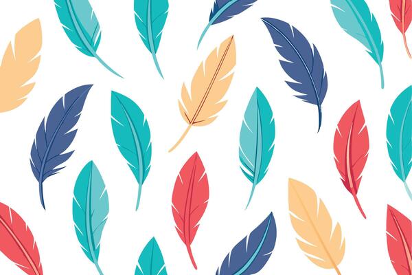 Colorful Feathers Pattern Teal, Blue, Red, Yellow Design
