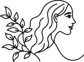 Womans Profile, Line Art, Botanical, Hair, Leaves, Nature, Elegant, Simple, Minimalist, Design vector